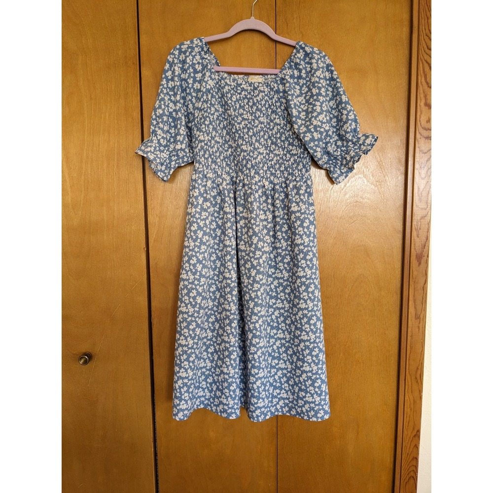 Love Olive Co Blue Floral Smocked Midi Dress Square Neck Puff Sleeve Pockets M